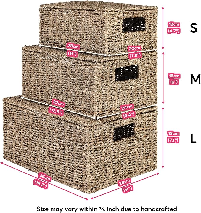 Wicker Storage Baskets with Lid, Hand-Woven Rectangular Wicker Basket with Lid for Bedroom & Living Room, Nesting Rattan Basket with Lid for Shelves (Seagrass, Set of 3）