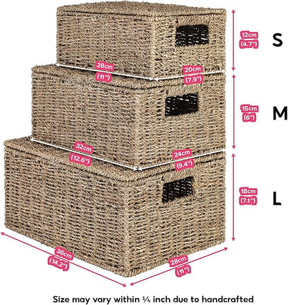 Wicker Storage Baskets with Lid, Hand-Woven Rectangular Wicker Basket with Lid for Bedroom & Living Room, Nesting Rattan Basket with Lid for Shelves (Seagrass, Set of 3）