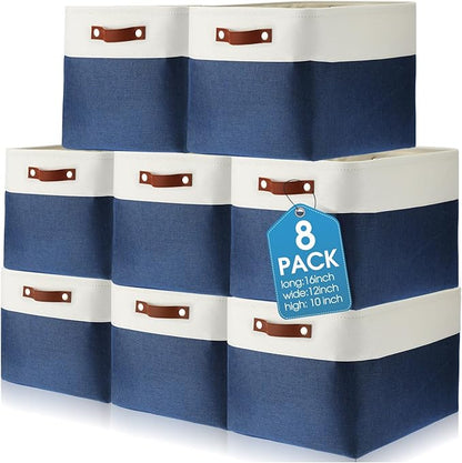 Uiifan 8 Pack 16 x 12 x 10 Inch Large Storage Baskets Collapsible Fabric Storage Cubes Bins with Handles for Shelves Closets Nursery Home Clothes Toys Organizers, Blue