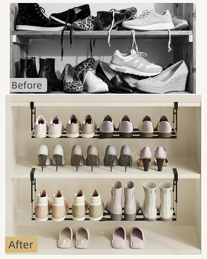 2 Pack Expandable Shoe Rack Organizer for Cabinet, Adjustable Hanging Under Shelf Storage, Sturdy Round Tube Design, Space Saving Shoe Shelf for Closet, Entryway, Laundry Room, Black