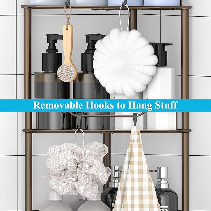 HuggieGems 2 Tier Floor Standing Corner Shower Caddy Organizer Shelf with Hooks, Bathroom Shelves Stand Rack, Bronze