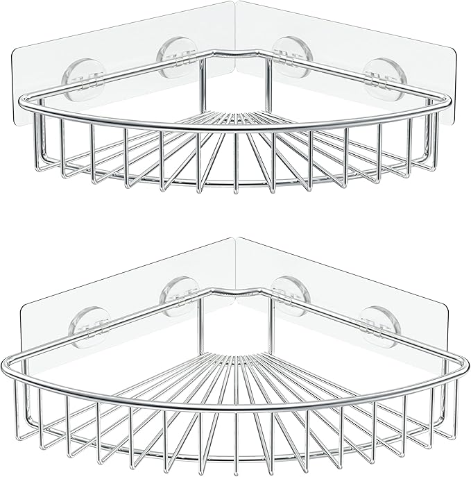 SMARTAKE 2-Pack Corner Shower Caddy, SUS304 Stainless Steel, Wall Mounted Bathroom Shelf with Adhesive, Storage Organizer for Toilet, Dorm and Kitchen (Silver)