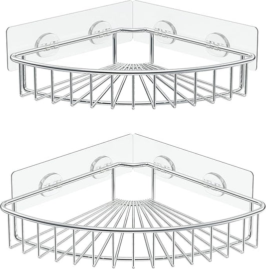 SMARTAKE 2-Pack Corner Shower Caddy, SUS304 Stainless Steel, Wall Mounted Bathroom Shelf with Adhesive, Storage Organizer for Toilet, Dorm and Kitchen (Silver)