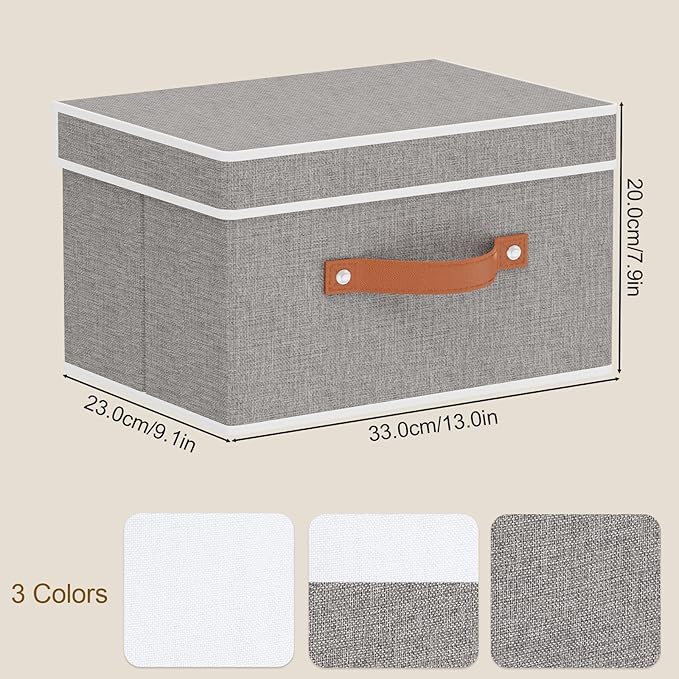 Storage Basket with Lid, Linen Foldable Storage Bin, Closet Organizer Box with Double Handles for Bedroom Corners, Grey, 1 Pack, 13 x 9.1 x 7.9 Inch