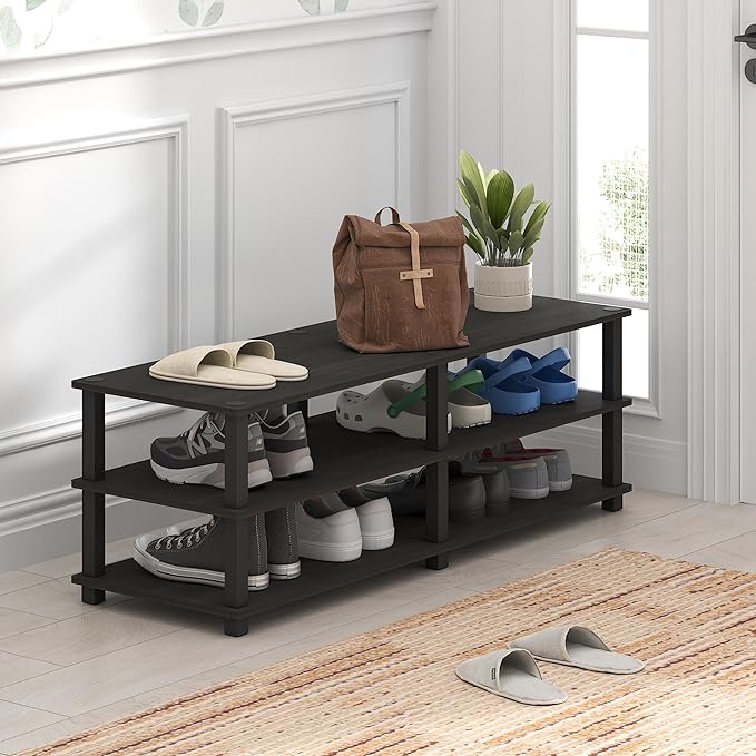 Furinno TURN-S-TUBE Shoe Rack, 3-Tier Wide Shoe Organizer, Open Shelf Rectangular Shoe Storage Rack, 11.6 x 47.2 x 15.4, Toolless Assembly, for Closet Entryway, Office, Garage, Espresso