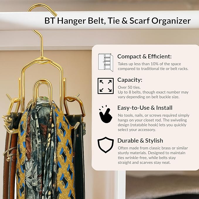Multi-Hook Closet Organizer - Rotating Tie Rack with Storage for Belts, Ties, Scarves, and Accessories - Non-Wood Durable Cabinet Organizer for Men and Women - Space-Saving Efficient Design