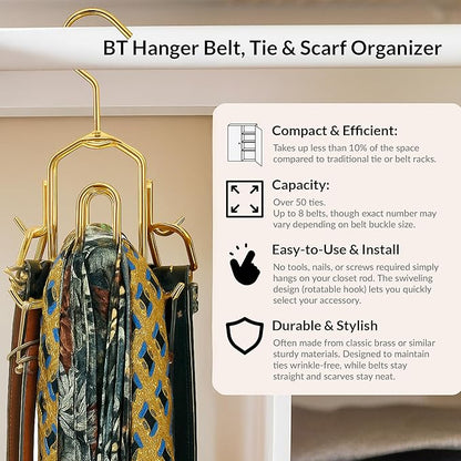 Multi-Hook Closet Organizer - Rotating Tie Rack with Storage for Belts, Ties, Scarves, and Accessories - Non-Wood Durable Cabinet Organizer for Men and Women - Space-Saving Efficient Design
