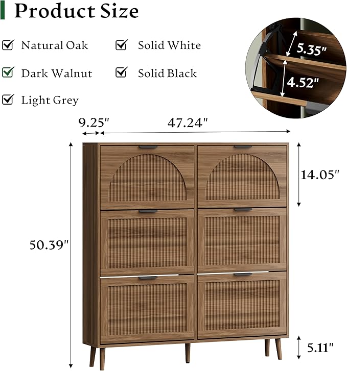 Xixini Shoe Storage Cabinet with 6 Flip Drawers, 50" Tall Narrow Wood Fluted Shoe Organizer for Entryway, Freestanding Wooden Hidden Slim Shoe Rack for Front Door Entrance, Hallway, Foyer, Dark Walnut