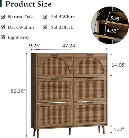 Xixini Shoe Storage Cabinet with 6 Flip Drawers, 50" Tall Narrow Wood Fluted Shoe Organizer for Entryway, Freestanding Wooden Hidden Slim Shoe Rack for Front Door Entrance, Hallway, Foyer, Dark Walnut
