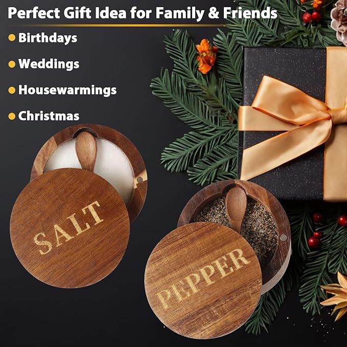 Timtopno Salt Cellar, Elegant Salt and Pepper Set, 2PCS Acacia Wood Salt Container with Built-in Spoon & Swivel Lid, Engraved SALT & PEPPER Box, Salt Holder for Countertop Seasoning Storage