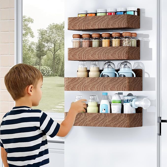 Mystozer Magnetic Spice Rack for Refrigerator, Kitchen Organizer and Storage Shelf, Wood Red, 4 Pack