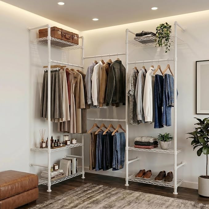 Wall Mounted Closet System – Adjustable Clothing Rack with 4 Expandable Rods & 6 Shelves, Heavy Duty Industrial Pipe Clothes Rack for Closet Organizer and Storage, White