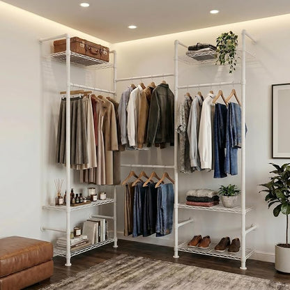 Wall Mounted Closet System – Adjustable Clothing Rack with 4 Expandable Rods & 6 Shelves, Heavy Duty Industrial Pipe Clothes Rack for Closet Organizer and Storage, White