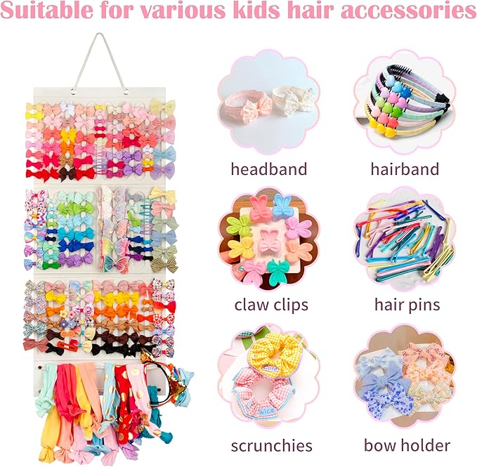 Bow Holder Organizer for Girls - Hanging Hair Accessories Storage for Headbands, Clips, Ties, Scrunchies (Without Bows) (Beige)