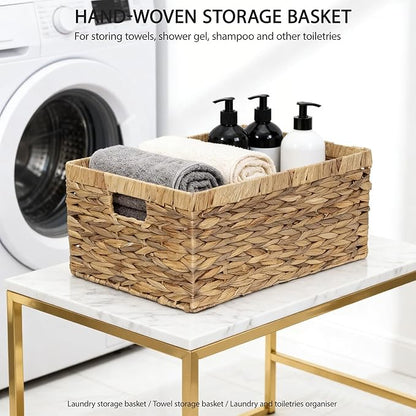 Woven Natural Water hyacinth Rectangular Storage Baskets with inside Handle,Kingwillow(Large)