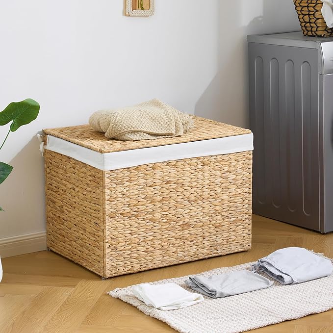 Water Hyacinth Storage Basket with Lid, 46.2 Gallon (175L) Wicker Shelf Basket with Removable Liner, Wicker Storage Basket for Blanket, for Livingroom, Bedroom, Natural