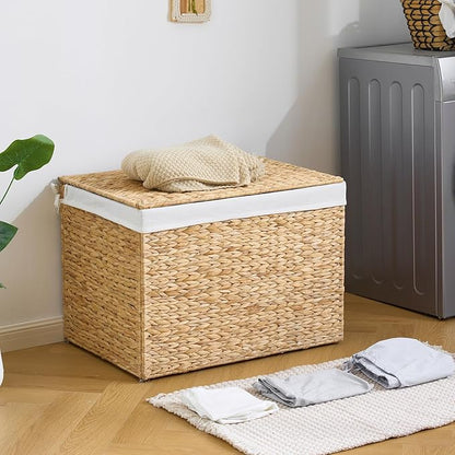 Water Hyacinth Storage Basket with Lid, 46.2 Gallon (175L) Wicker Shelf Basket with Removable Liner, Wicker Storage Basket for Blanket, for Livingroom, Bedroom, Natural