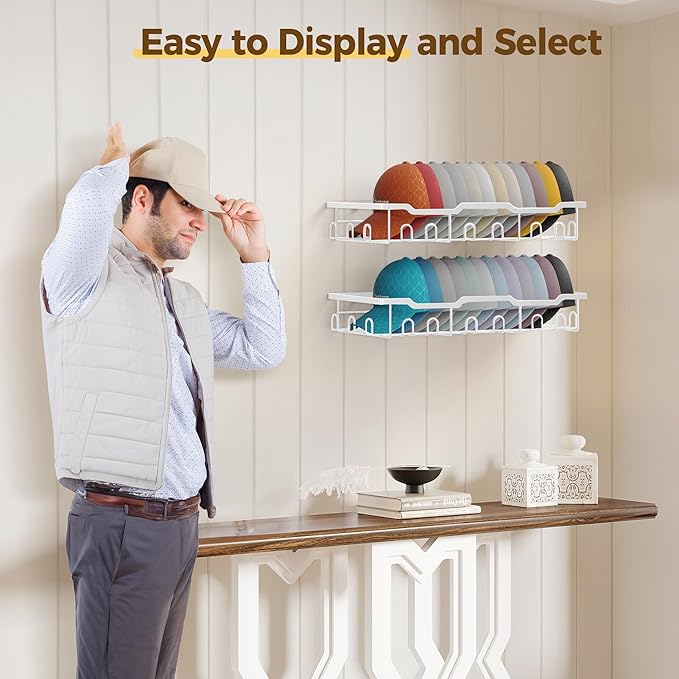 Nicetree Hat Racks for Baseball Caps Wall - Metal Hat Organizer for 48 Baseball Caps Holder, 2 Pack Hat Storage Organizer for Closet, Bedroom, Living Room White