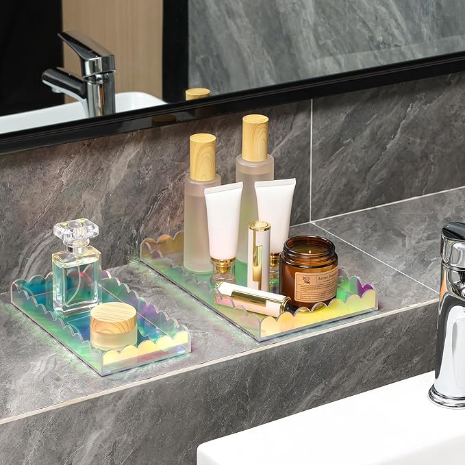 2 Pack Iridescent Acrylic Bathroom Vanity Tray 7.9" and 9.6",Colorful Soap Dispenser Decorative Scalloped Tray for Bathroom Kitchen Living Room Decor Vanity Perfume