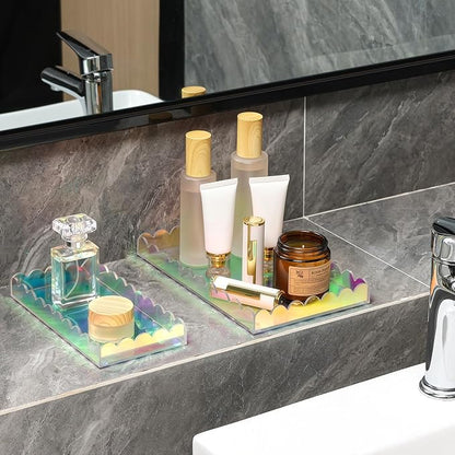 2 Pack Iridescent Acrylic Bathroom Vanity Tray 7.9" and 9.6",Colorful Soap Dispenser Decorative Scalloped Tray for Bathroom Kitchen Living Room Decor Vanity Perfume
