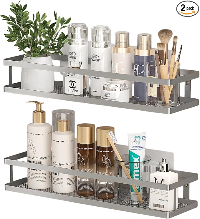 PUSDON 2-Pack 16.5" Extra Long Slim Shower Caddy, Adhesive Wall Mount Bathroom Organizer, Rustproof Open Frame Mesh Spice Rack for Kitchen, Holds 50LBS - Silver Gray, Guardrail