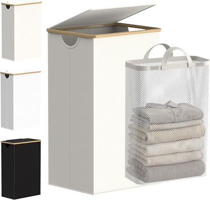 efluky Laundry Basket with Lid and Removable Bag, 100L Tall Laundry Hamper with Bamboo Handles, Aesthetic Dirty Clothes Bin for Laundry Room, Bathroom, Bedroom and Dorm, Beige