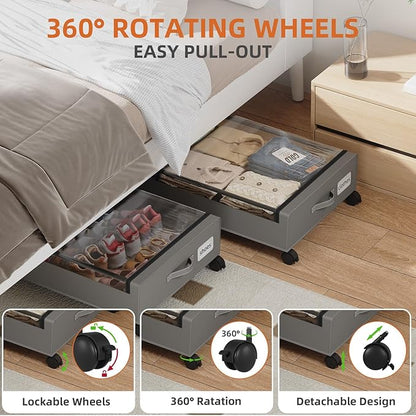Somdot Under Bed Storage with Wheels, 2 Pack Bed Storage Containers with Dividers & Clear Lids, Easy Pull-out Metal Drawer for Clothes, Shoes,Toys, Blankets (Charcoal Grey)