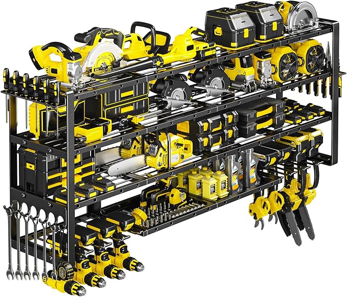 POKIPO Extra Large 64" W Power Tool Organizer Wall Mount, 1000 lbs Load Capacity, Heavy Duty 4 Tier Garage Storage Rack with 8 Drill Holders, 2 in 1 Corner or Straight Installation