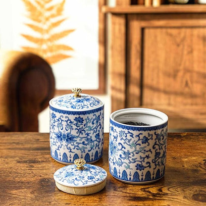 1 Pc Vintage Chinese Ceramic Porcelain Salt Cellar with Lid Ceramic Salt Holder Container for Coffee, Sugar, Spices and Candies, Airtight Spice Jar, Kitchen Storage Dish (Lotus in Vine)