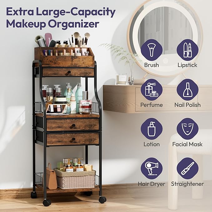 SWTYMIKI Rolling Makeup Organizer Cart - Floor Skincare Storage with Non-woven Drawers, Vanity Organizer Cosmetic Display Cases with Wheels, Cabinet for Skin Care Perfume Nail Polish Brush Hair Tool