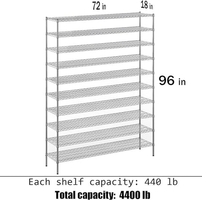 18" Deep x 72" Wide x 96" Height Wire Shelving Kit | 10-Tier | NSF Commercial Storage Rack Unit