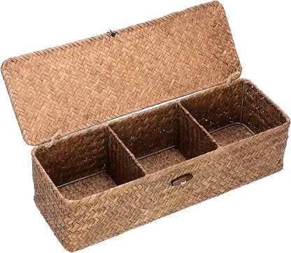 Hipiwe Handwoven Seagrass Storage Basket with Lid Rectangular Toilet Paper Holder 3 Sections Home Organizer Bin for Bathroom Shelf Kitchen