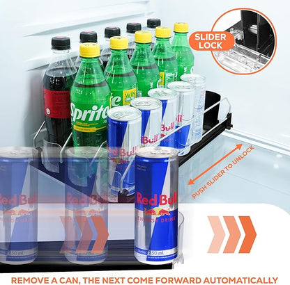 Drink Fridge Organizer, Upgraded Design of Soda Organizer for Refrigerator with Larger Stopper Height. Width Adjustable Automatic Drink Dispenser with Lock Hold 15 Cans (3 Rows, Black)
