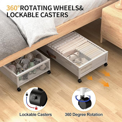 Under Bed Storage Containers with Wheels Large Underbed Shoes Blankets Clothes Toy Storage Drawers for College Dorms Bedrooms Nursery Rooms Organization (White 2 Pack, 7.5in height(36"x16.6"x7.48"))