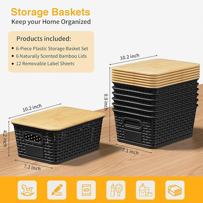 Plastic Storage Baskets with Bamboo Lids and Labels, Stackable Storage Containers, Storage Bins for Organizing Shelves Drawers Desktop Closets Office, 6 Packs-Black