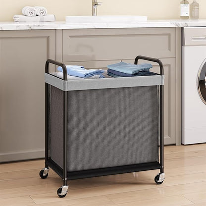 ELYKEN Laundry Hamper 2 Section, 100L Rolling Laundry Sorter with Removable Liner Bag, Laundry Basket with Wheels, Steel Frame with Metal Handle, Clothes Hamper Cart for Laundry Room & Bedroom
