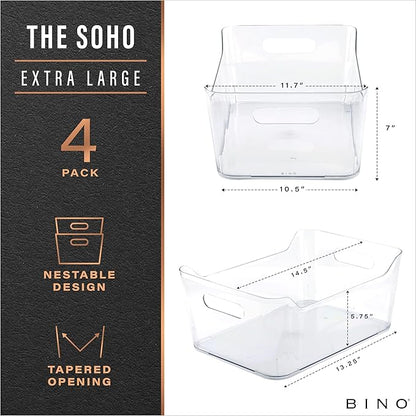 BINO | Plastic Organizer Bins, X-Large - 4 Pack | The SOHO Collection | Multi-Use Organizer Bins | Pantry & Freezer Bin | Plastic Storage Containers | Bin for Home & Kitchen Org