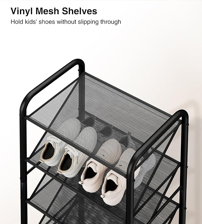 STO STO 8-Tier Narrow Shoe Rack with Lockable Wheels, Double-Sided Vinyl Mesh Shelf Shoe Organizer for Up to 30 Pairs, Slim Space Saving Metal Rolling Shoe Storage for Entryway, Closet, Hallway