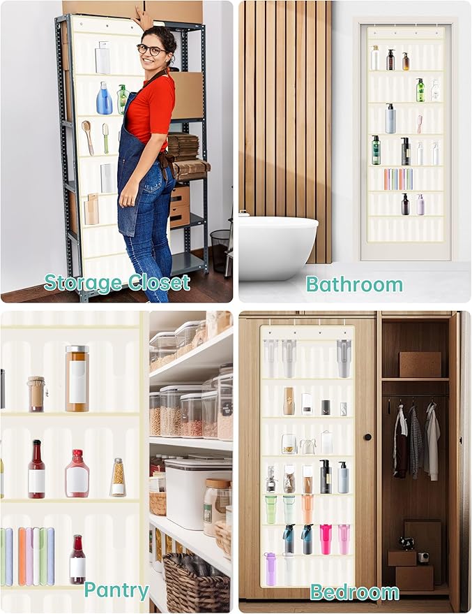 NiHome 35 Pockets Door Hanging Organizer Fit for Stanley 30oz 40oz Tumblers with Handles, Deep Clear Pockets with Handle Slots, Waterproof Oxford Fabric for Kitchen, Cabinet, Pantry, Closet (Beige)