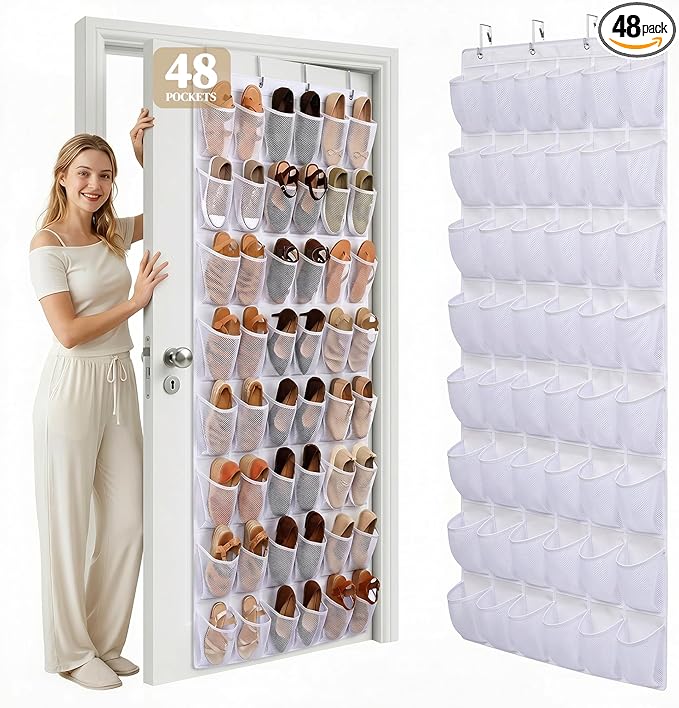 48 Pockets Over The Door Shoe Organizer, Large Mesh Hanging Shoe Rack, 6-Column Heavy Duty Shoe Storage for Sneakers and Heels, Behind Door Holder for Entryway Bedroom Dorm College, White