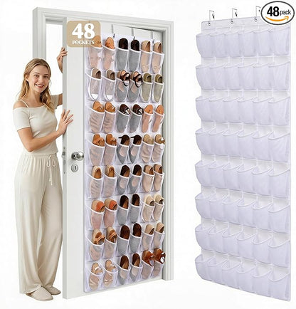 48 Pockets Over The Door Shoe Organizer, Large Mesh Hanging Shoe Rack, 6-Column Heavy Duty Shoe Storage for Sneakers and Heels, Behind Door Holder for Entryway Bedroom Dorm College, White