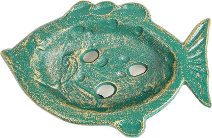 Sungmor Heavy Duty Cast Iron Soap Holder, Vintage Bar Soap Dish for Kitchen Bathroom Sink, Lovely Fish Shape & Antique Green Sponge Dish Soap Tray, Decorative Jewelry Holder Tabletop Container