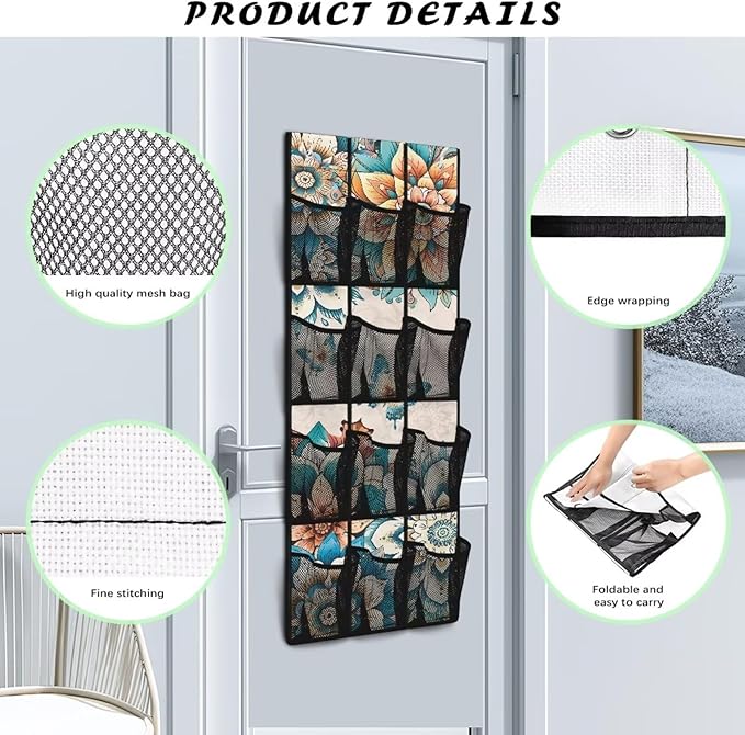 Mandalas Over The Door Shoe Organizer 12 Pockets Over The Door Hanging Organizer for School Butterfly Shoe Holder Hanger Space Saving Wall Hanging Storage