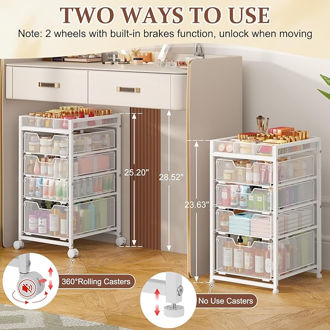 5-Tier Rolling Makeup Cart Organizer with 4 Drawers, Cosmetics Display with Dividers, Floor Skincare Storage with Wheels, Versatile Vanity Organizer for Nail Polish Perfume Brush Hair Tool, White