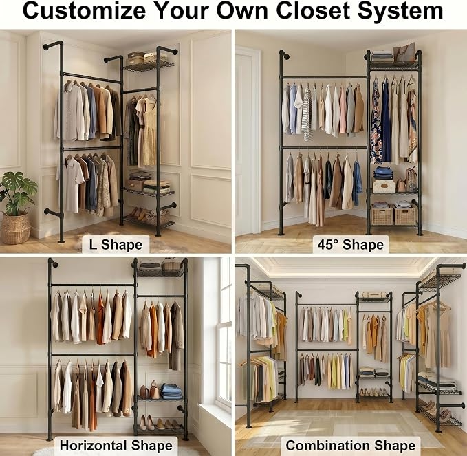 F2 Wall Mounted Closet System, Industrial Pipe Clothing Rack for Hanging Clothes, Heavy Duty Closet Organizer System, Clothes Racks with Shelves & Expandable Rod for Wardrobe, Corner, Black