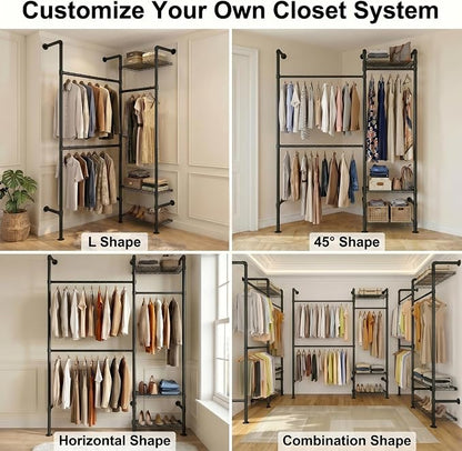 F2 Wall Mounted Closet System, Industrial Pipe Clothing Rack for Hanging Clothes, Heavy Duty Closet Organizer System, Clothes Racks with Shelves & Expandable Rod for Wardrobe, Corner, Black