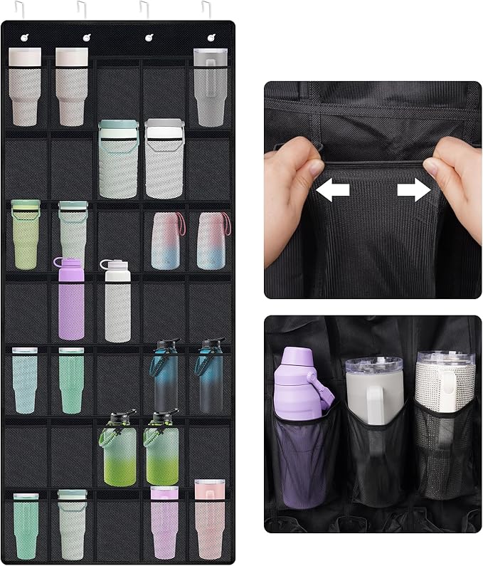 NiHome Multi-Functional 35 Pockets Door Hanging Organizer Fit for Stanley Tumbler in Kitchen, Pantry, Bedroom, Bathroom, Large Capacity Elastic Mesh Secure Storage Cup Holder, Foldable for Home and RV