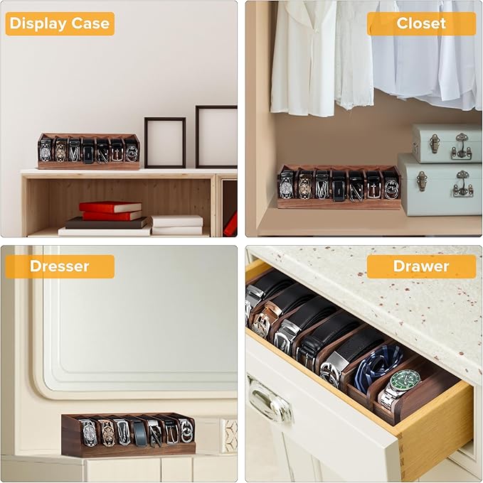 Belt organizer, 7 compartment belt holder belt hanger closet and belt organizer for drawer,belt rack, belt storage organizer, belt hangers for men and women (Acacia wood)