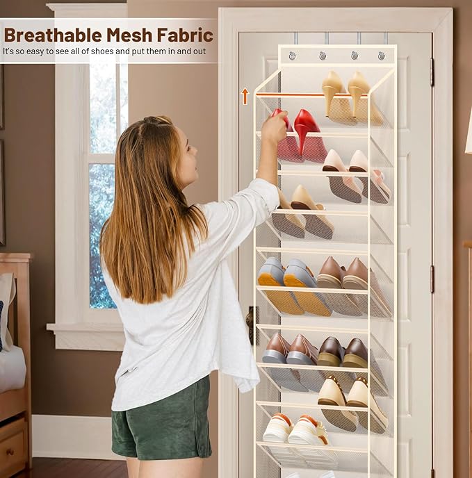 MISSLO 12 Tier Over the Door Shoe Organizer Breathable Mesh Hanging Shoe Rack for Closet Storage Shoe Holder for Door Fit 24 Pairs Sandals, Heels, Boots (Beige)