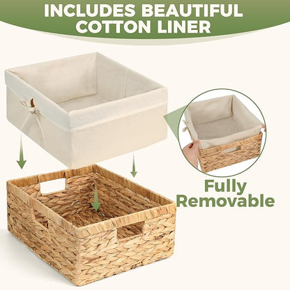 Wicker Shelf Storage Baskets for Organizing - Natural Water Hyacinth Woven Basket Organizers & Storage for Shelves w/Handles & Cotton Liner for Home & Pantry Decor Organization, Large 15” x 12” x 6”